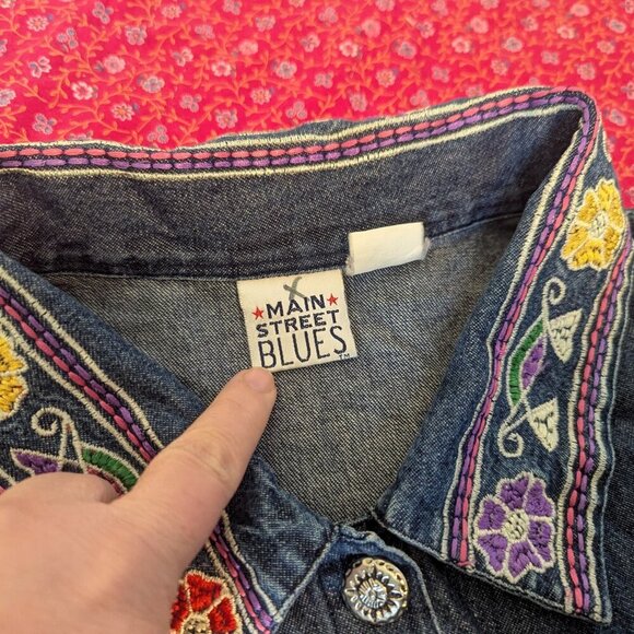 Vintage 90s Denim Embroidered Button Top Jacket Shacket Mainstreet Blues Boho XL - Picture 3 of 8